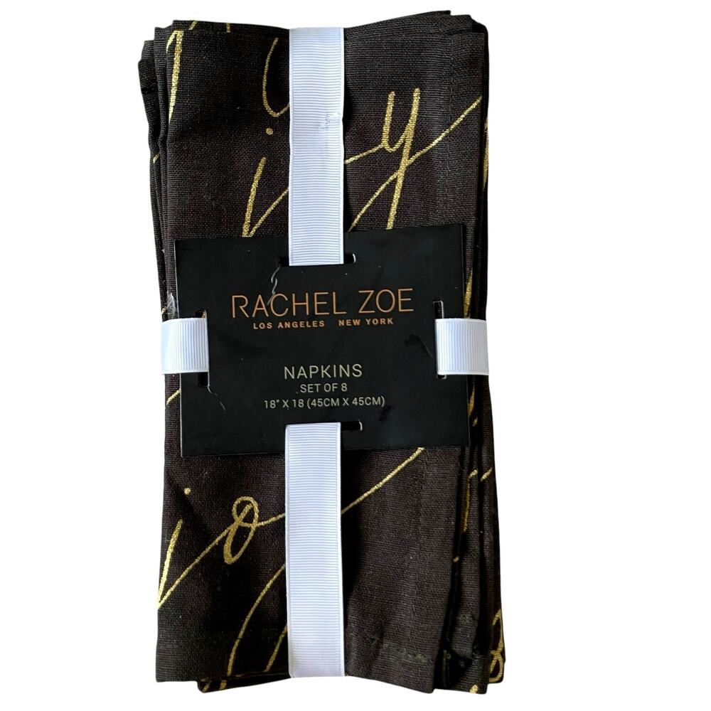 8pc Rachel Zoe JOY Christmas Dinner Napkin 18x18 Holiday Black White Gold New